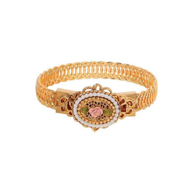 1928 Gold Tone Simulated Pearl Rose Filigree Cuff Bracelet, Womens, Pink Product Image