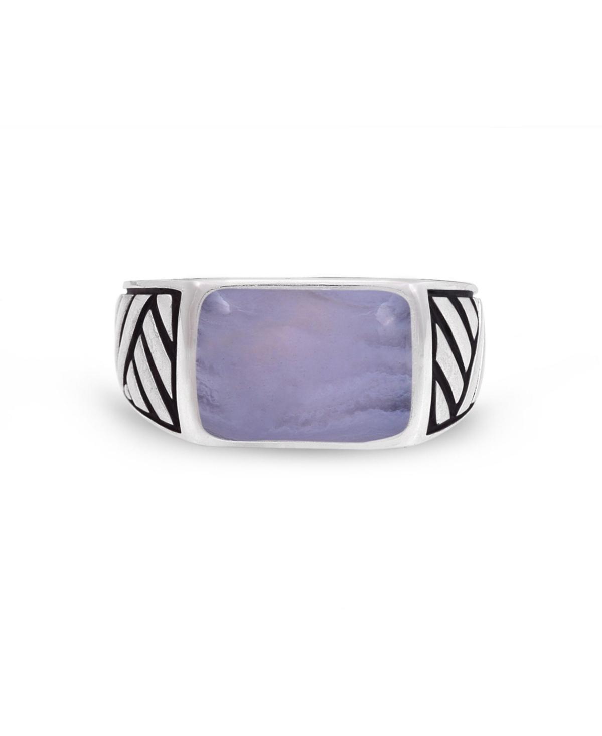 LuvMyJewelry Blue Lace Agate Gemstone Sterling Silver Men Signet Ring in Black Rhodium Product Image