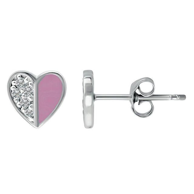 Aleure Precioso Sterling Silver Enamel & Cubic Zirconia Heart Stud Earrings, Womens, Pink Product Image