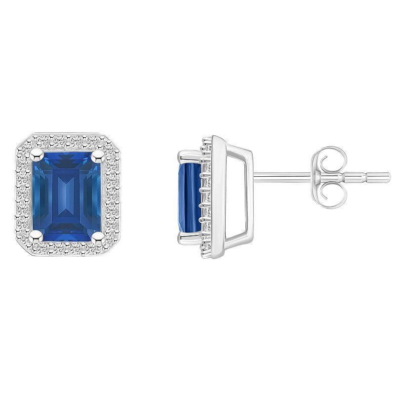 Celebration Gems 10k White Gold Emerald Cut Gemstone & Lab-Created White Sapphire Halo Stud Earrings, Womens, Created Blue Product Image