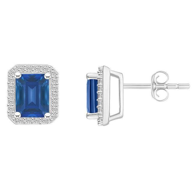 Celebration Gems 10k White Gold Emerald Cut Gemstone & Lab-Created White Sapphire Halo Stud Earrings, Womens, Blue Product Image