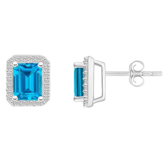 Celebration Gems 10k White Gold Emerald Cut Gemstone & Lab-Created White Sapphire Halo Stud Earrings, Womens, Simulated Aquamarine Product Image