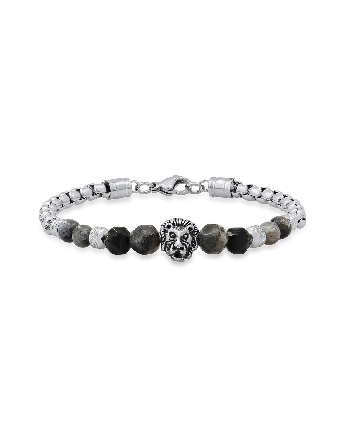 Steeltime Mens Stainless Steel Curb Chain Link Bracelet and Black or Gray Agate Stones with Lion Charm Product Image