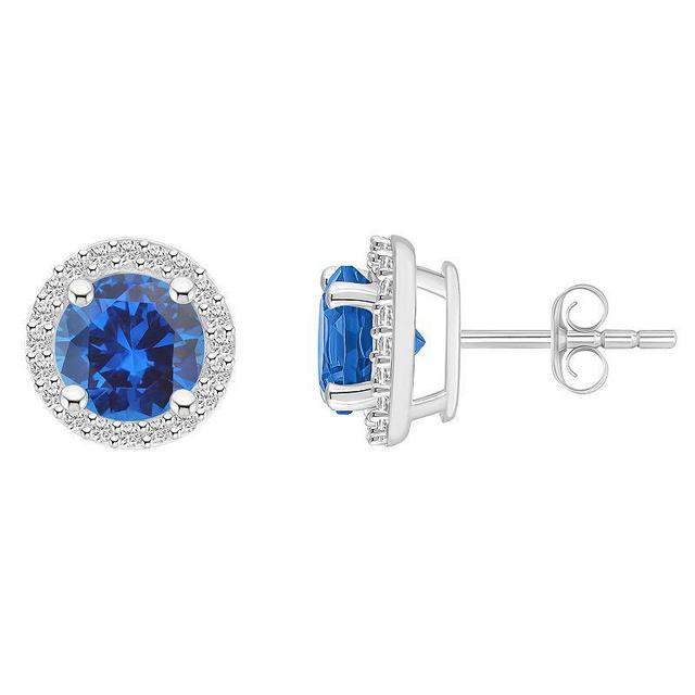 Celebration Gems 10k White Gold Gemstone & Lab-Created White Sapphire Halo Stud Earrings, Womens, Blue Product Image