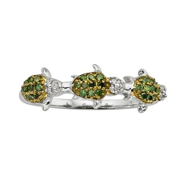 Jewelexcess Sterling Silver Two-Tone 1/4-ct. T.W. Green and White Diamond Turtle Ring, Womens Product Image