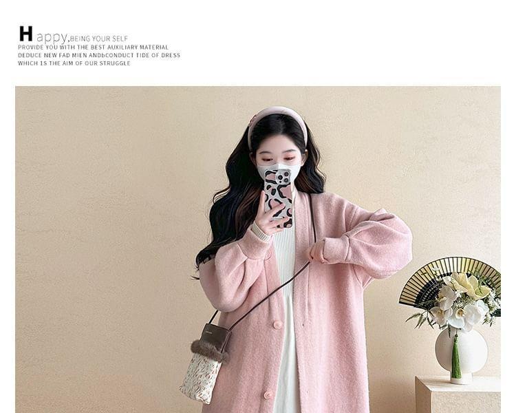 Maternity Long-Sleeve Mock Neck Plain Midi A-Line Knit Dress / V-Neck Button-Up Long Cardigan Product Image