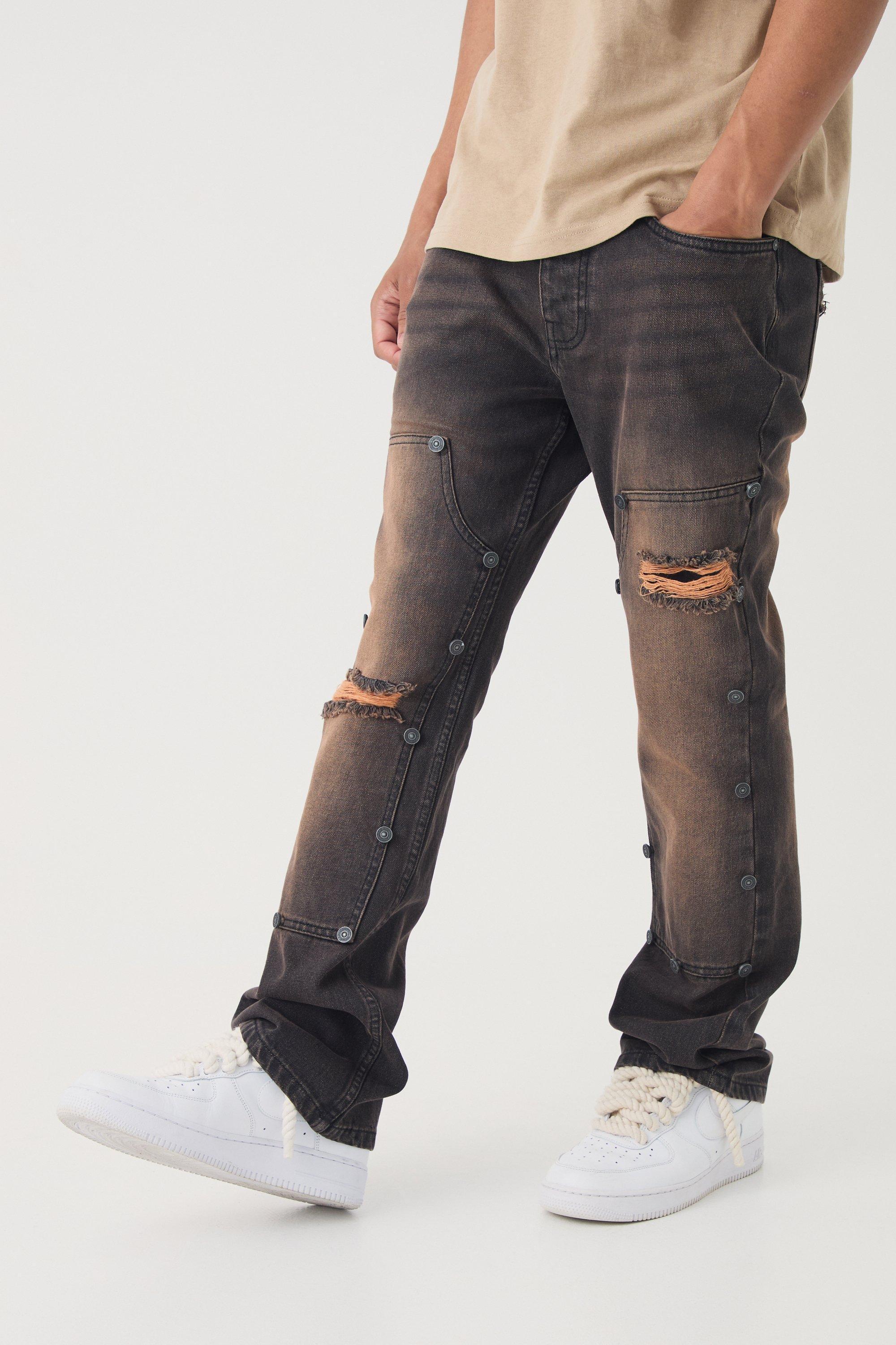 Slim Rigid Flare Vintage Wash Carpenter Ripped Jeans | boohooMAN USA Product Image