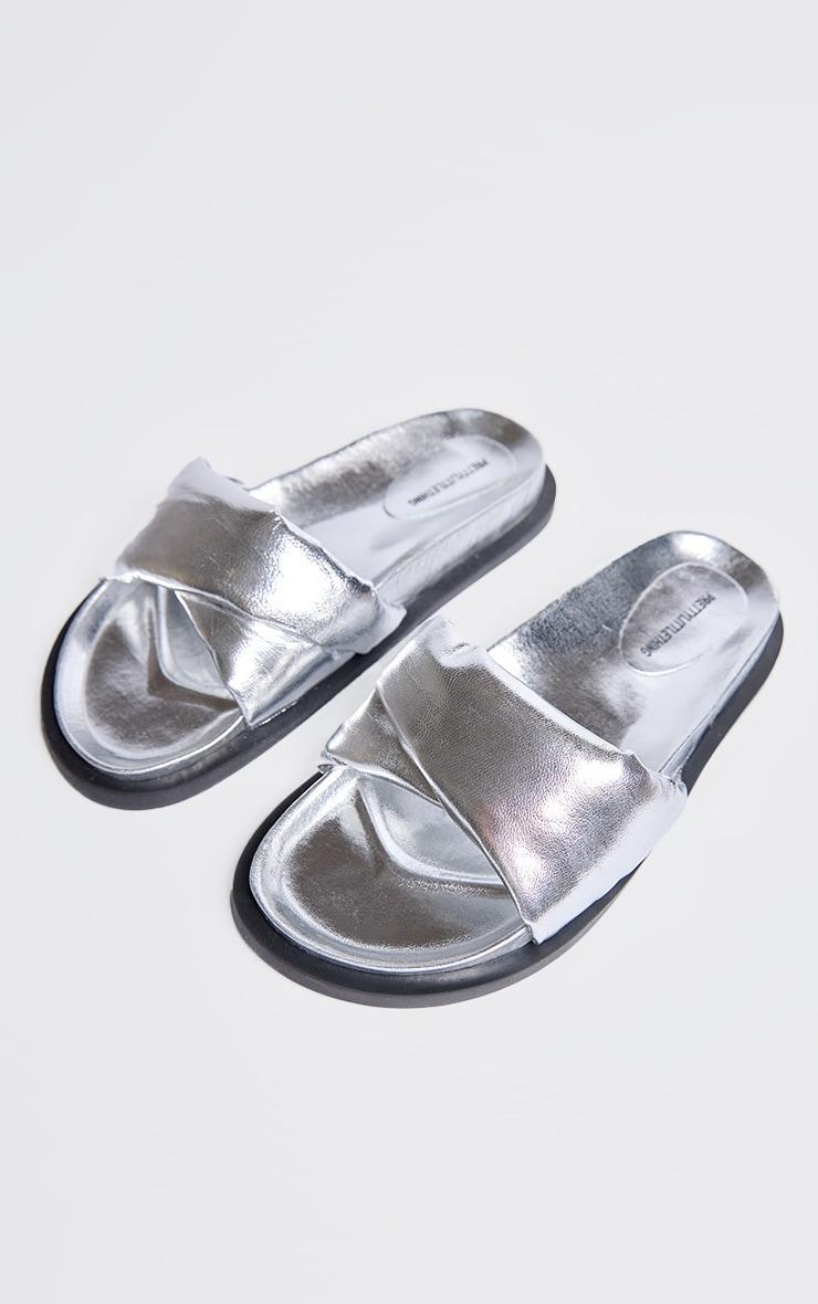 Silver Real Leather Round Toe Cross Strap Footbed Sandals Product Image