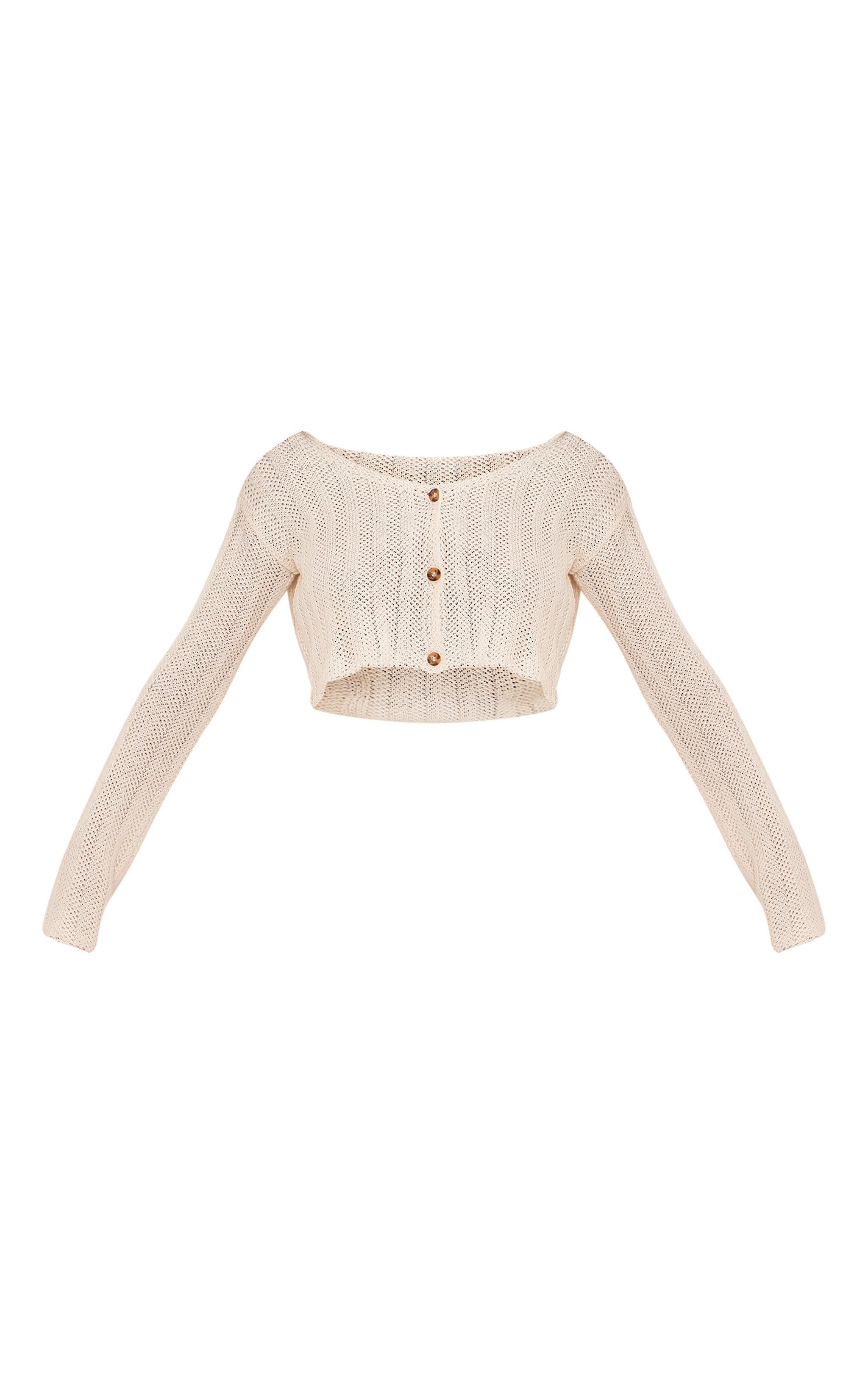 Cream Textured Crochet Knit Button Up Cardigan Product Image