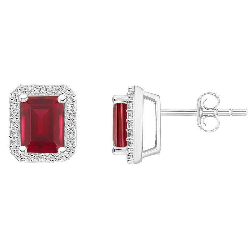 Celebration Gems 10k White Gold Emerald Cut Gemstone & Lab-Created White Sapphire Halo Stud Earrings, Womens, Red Product Image