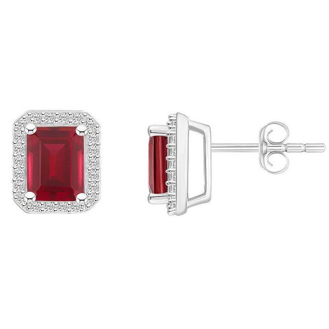 Celebration Gems 10k White Gold Emerald Cut Gemstone & Lab-Created White Sapphire Halo Stud Earrings, Womens, Red Product Image