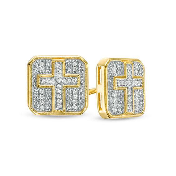 Men's 1/8 CT. T.w. Octagonal Composite Diamond with Cross Stud Earrings in Sterling Silver with 14K Gold Plate Product Image