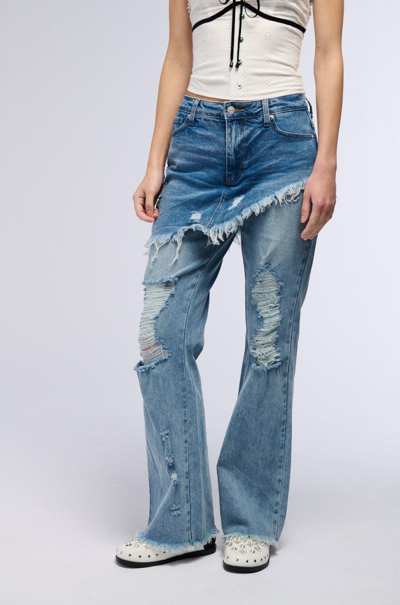 DISTRESSED SKIRT STRAIGHT LEG DENIM JEANS product image