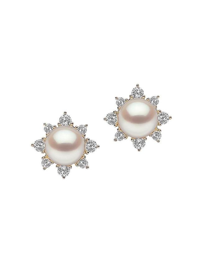 Womens Trend 18K Yellow Gold, Freshwater Pearl & 0.30 TCW Diamond Stud Earrings Product Image