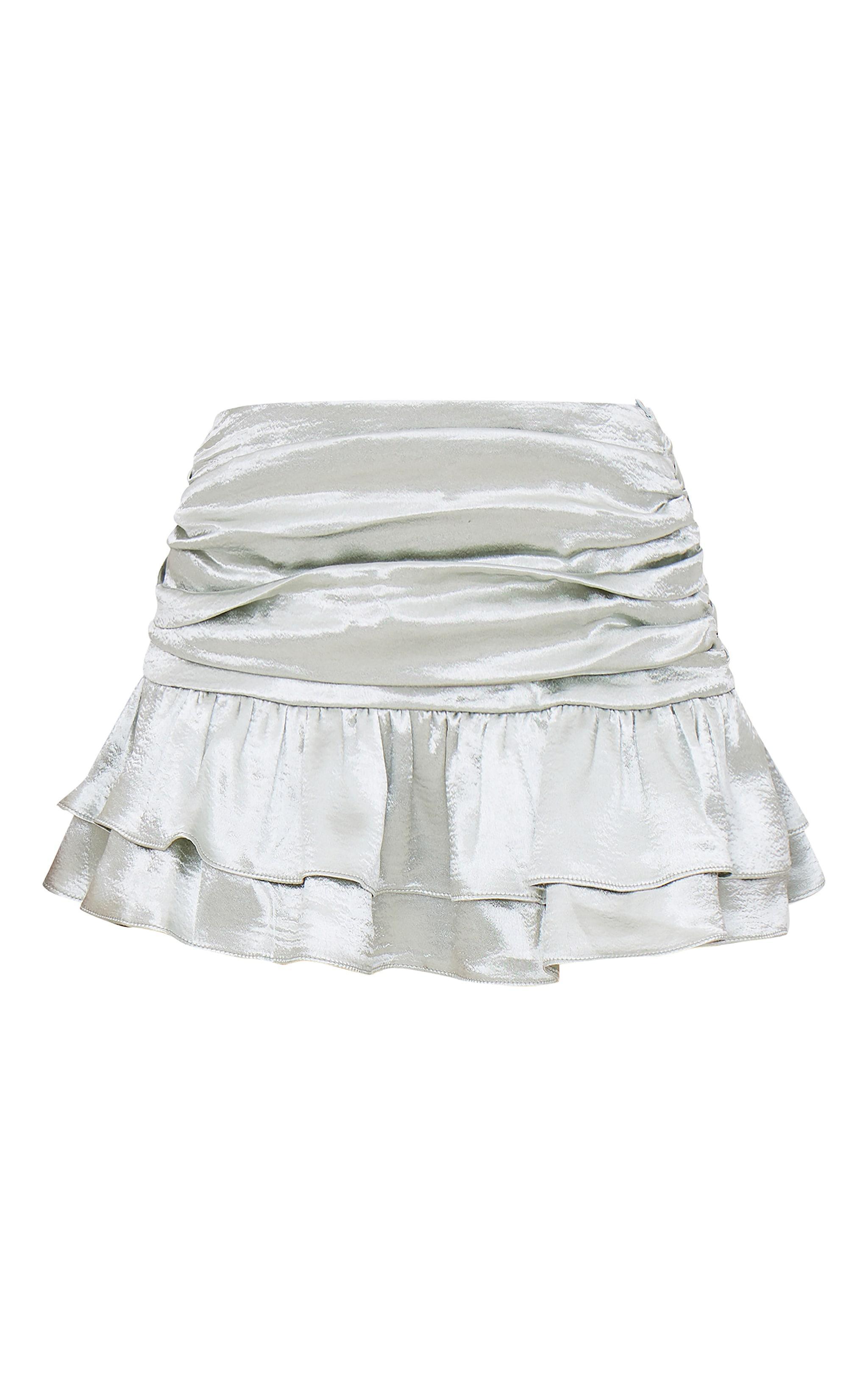 Silver Satin Frilly Hem Drop Waist Mini Skirt Product Image