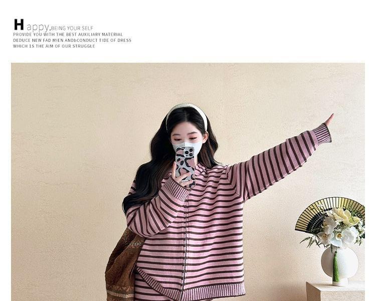 Maternity Set: Striped Zip-Up Knit Hoodie + High Rise Wide Leg Pants Product Image