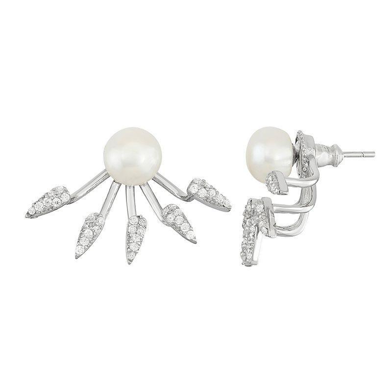 Sterling Silver Freshwater Cultured Pearl & Cubic Zirconia Front-Back Earrings, Womens, White Product Image