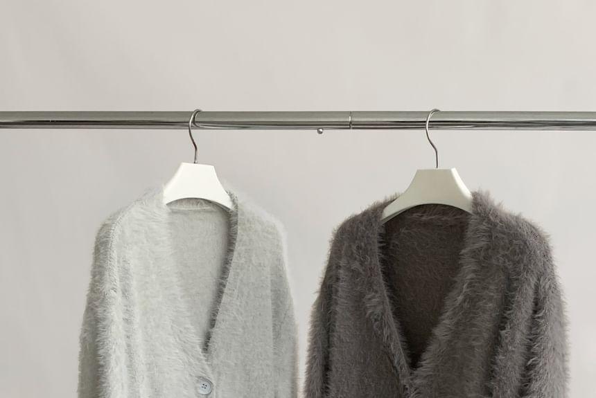 V-Neck Plain Fluffy Cardigan Product Image