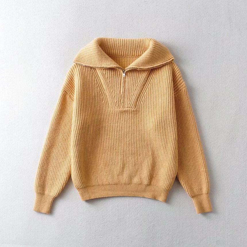 Half-Zip Plain Ribbed Sweater Product Image