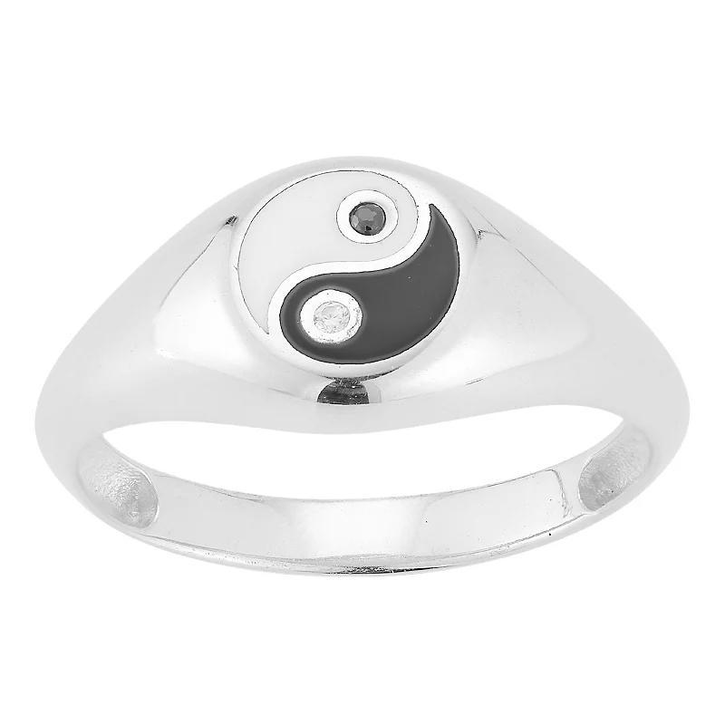 Sunkissed Sterling Cubic Zirconia & Enamel Yin Yang Signet Ring, Womens Silver Tone Product Image