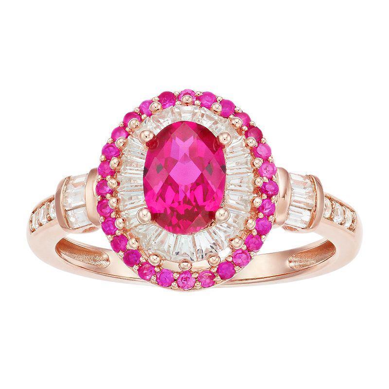 14k Rose Gold Over Silver Lab-Created Ruby & Lab-Created White Sapphire Halo Ring, Womens Red Product Image