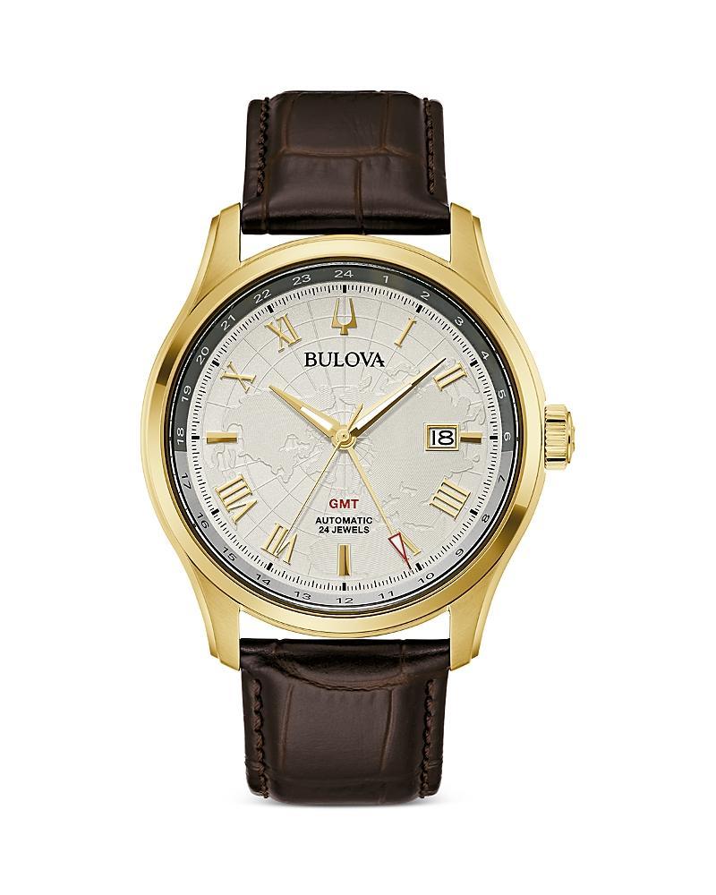 Men's Bulova Classic Wilton Gold-Tone Automatic Brown Leather Strap Watch with Silver-Tone Dial (Model: 97B210) Product Image