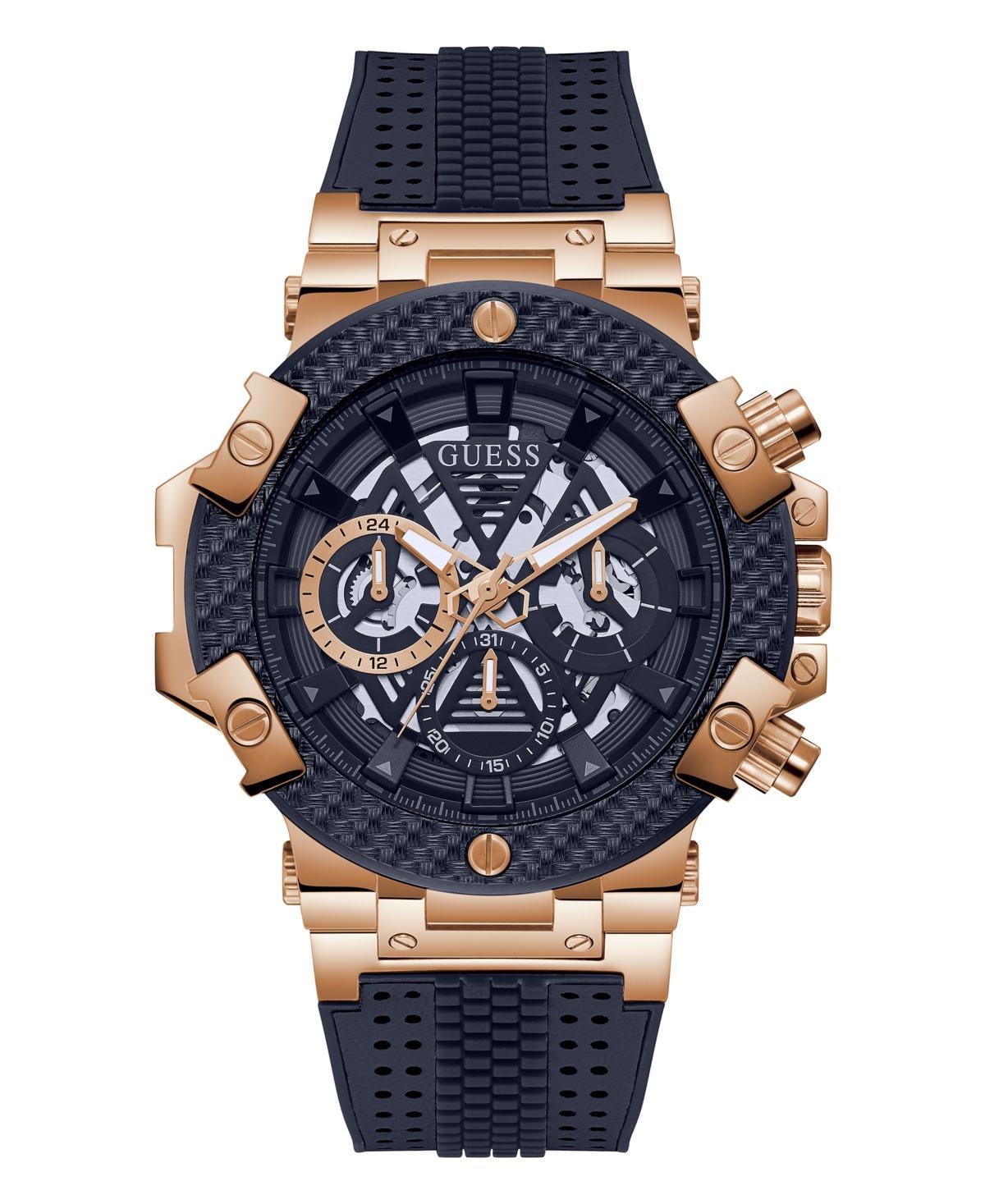 Guess Mens Rose Gold-Tone Navy Genuine Leather, Silicone Strap, Multi-Function Watch, 46mm Product Image