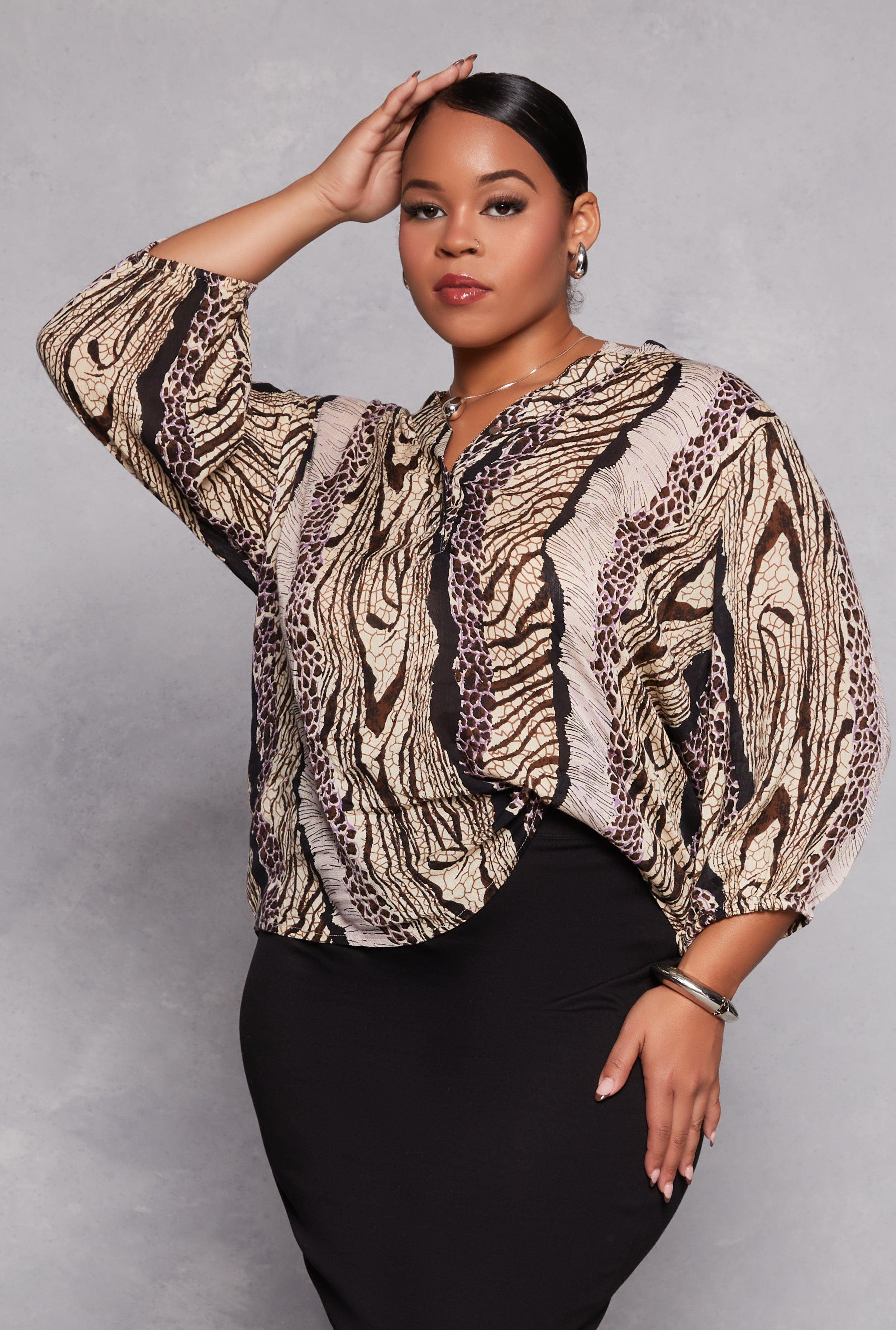 Womens Plus Size Animal Print Long Sleeve Blouse product image