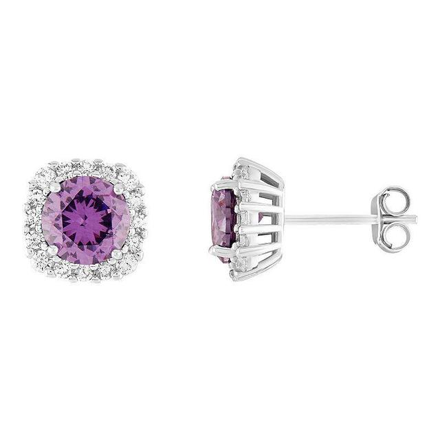 PRIMROSE Sterling Silver Cubic Zirconia Halo Stud Earrings, Womens, Purple Product Image