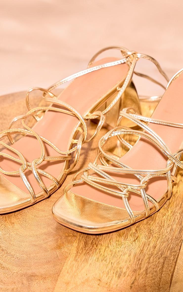 Gold PU Round Toe Lace Up Strappy Block Heeled Sandals Product Image