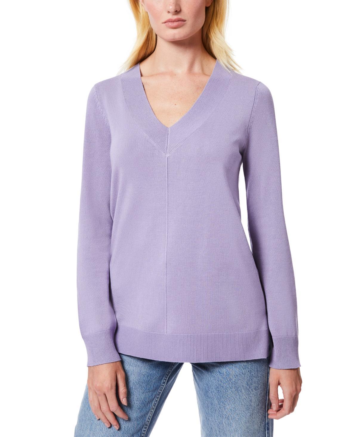 Melissa Paige Womens Ribbed Seamed Long-Sleeve High-Low-Hem V-Neck Sweater Product Image