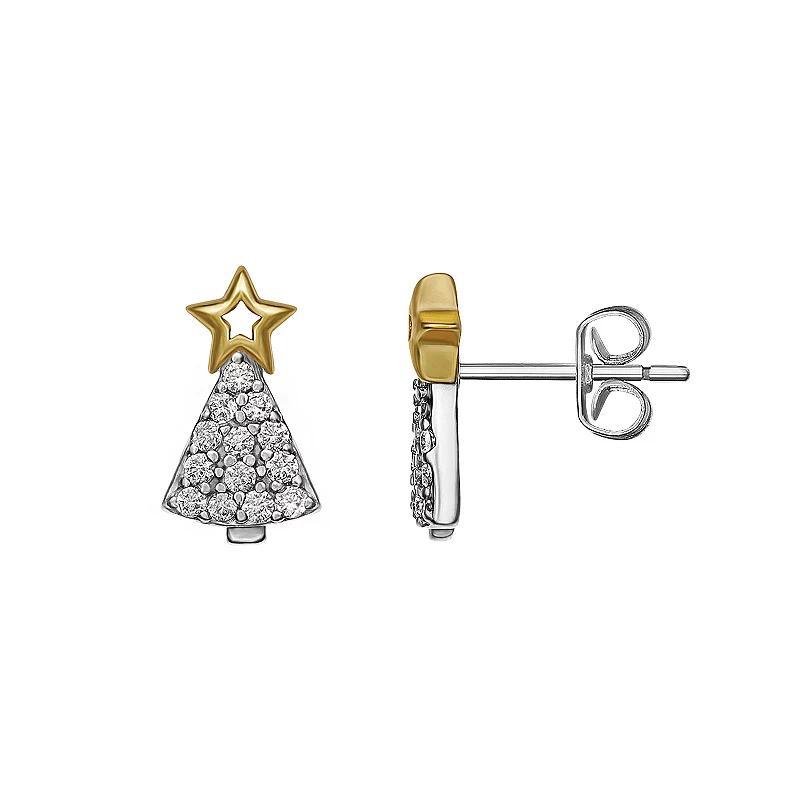 PRIMROSE Two Tone Sterling Silver Cubic Zirconia Christmas Tree Stud Earrings, Womens, Sterling Yellow Gold Product Image