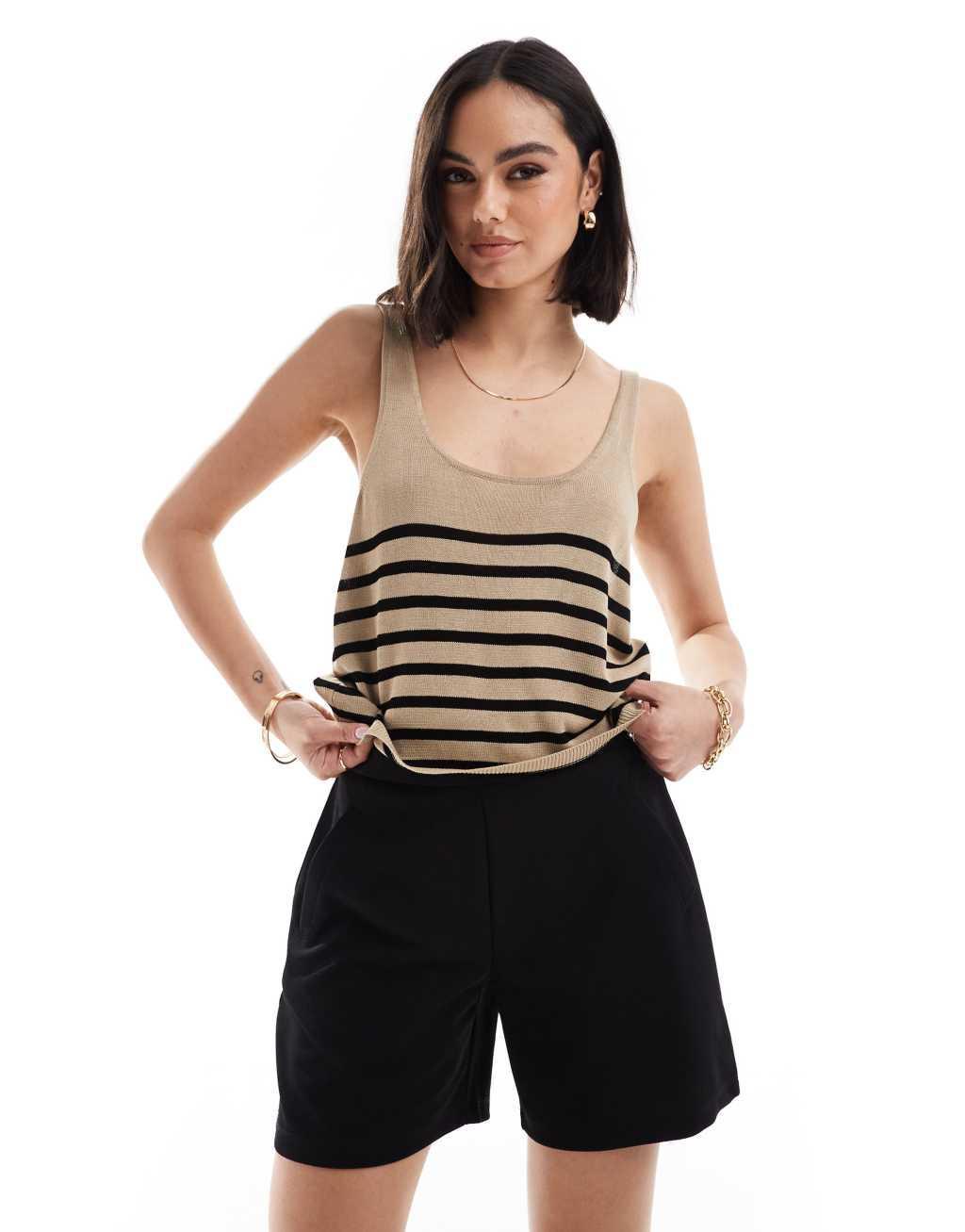 ONLY cropped knit top in beige & black stripe  Product Image