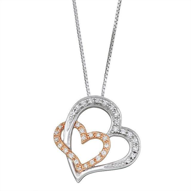 Two Tone Sterling Silver 1/5 Carat T.W. Diamond Double Heart Pendant, Womens Product Image