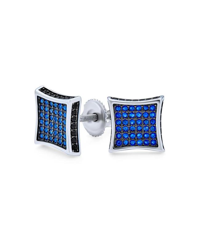 Black Blue Cubic Zirconia Micro Pave Cz Square Stud Earrings For Men Simulated Sapphire Sterling Silver Screw back 9MM Product Image