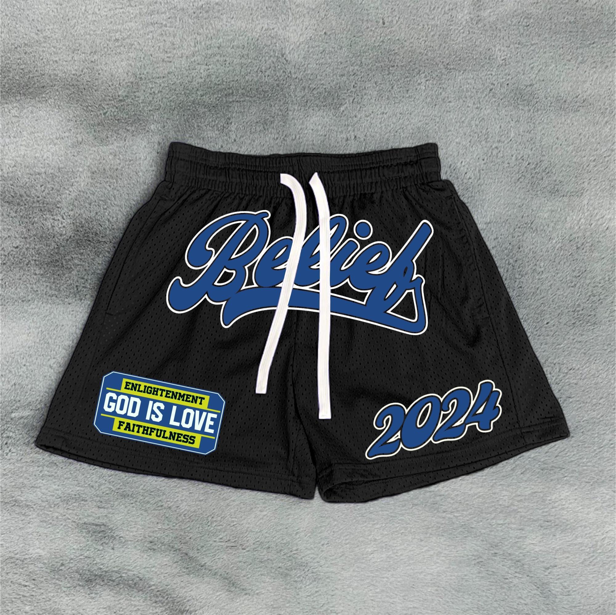 Street Vintage Mesh 2024-Belief In God Dot Printed Shorts Product Image