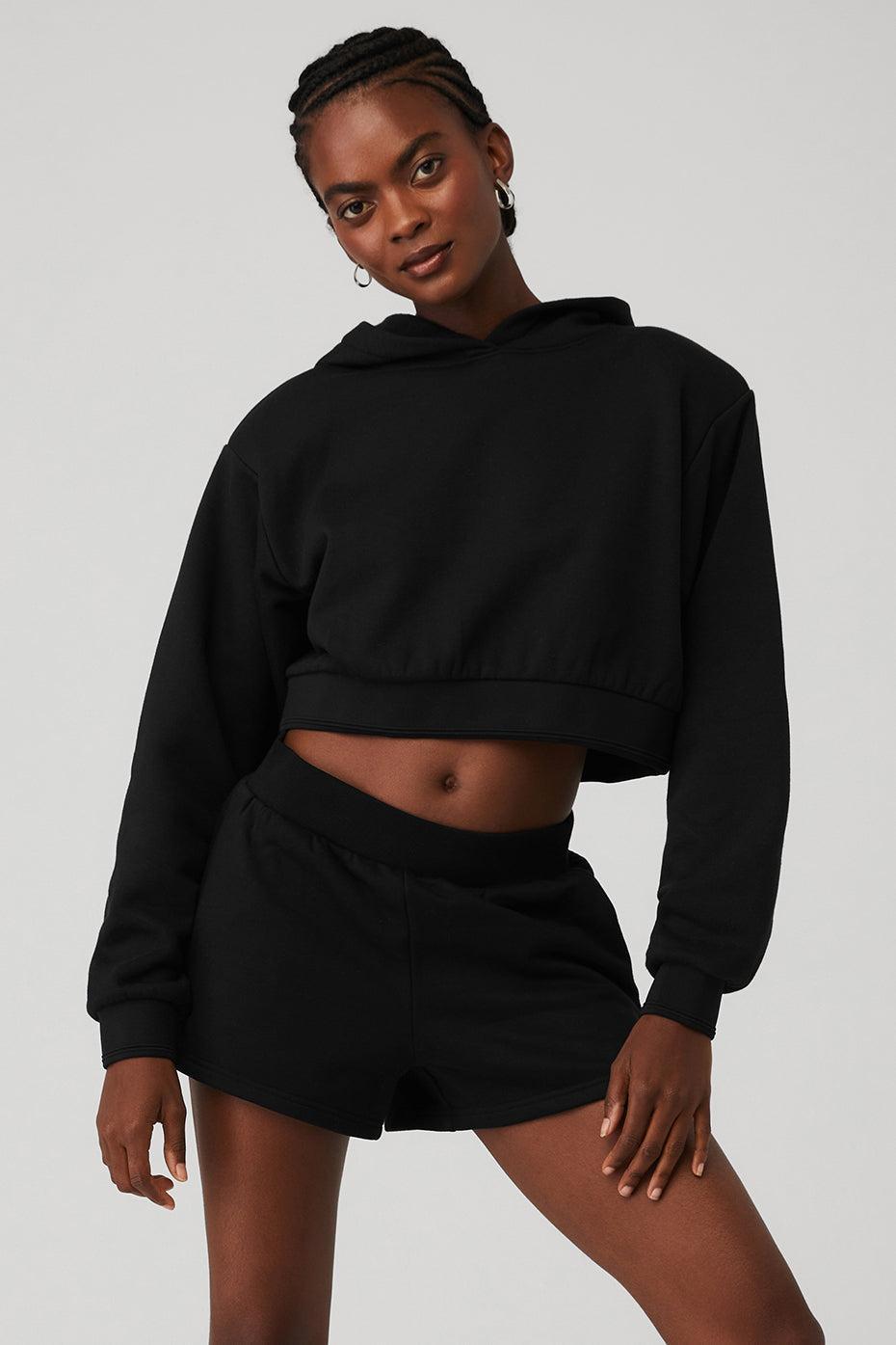 Cropped Headliner Shoulder Pad Hoodie - Black Female Product Image