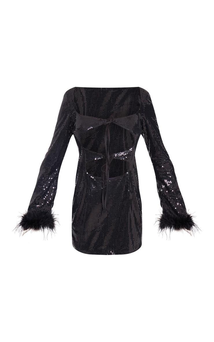 Black Sequin Feather Tie Front Cut Out Feather Trim Shift Dress Product Image