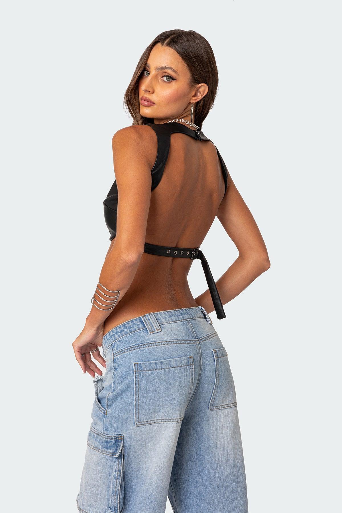 Porsha Open Back Faux Leather Crop Top Product Image