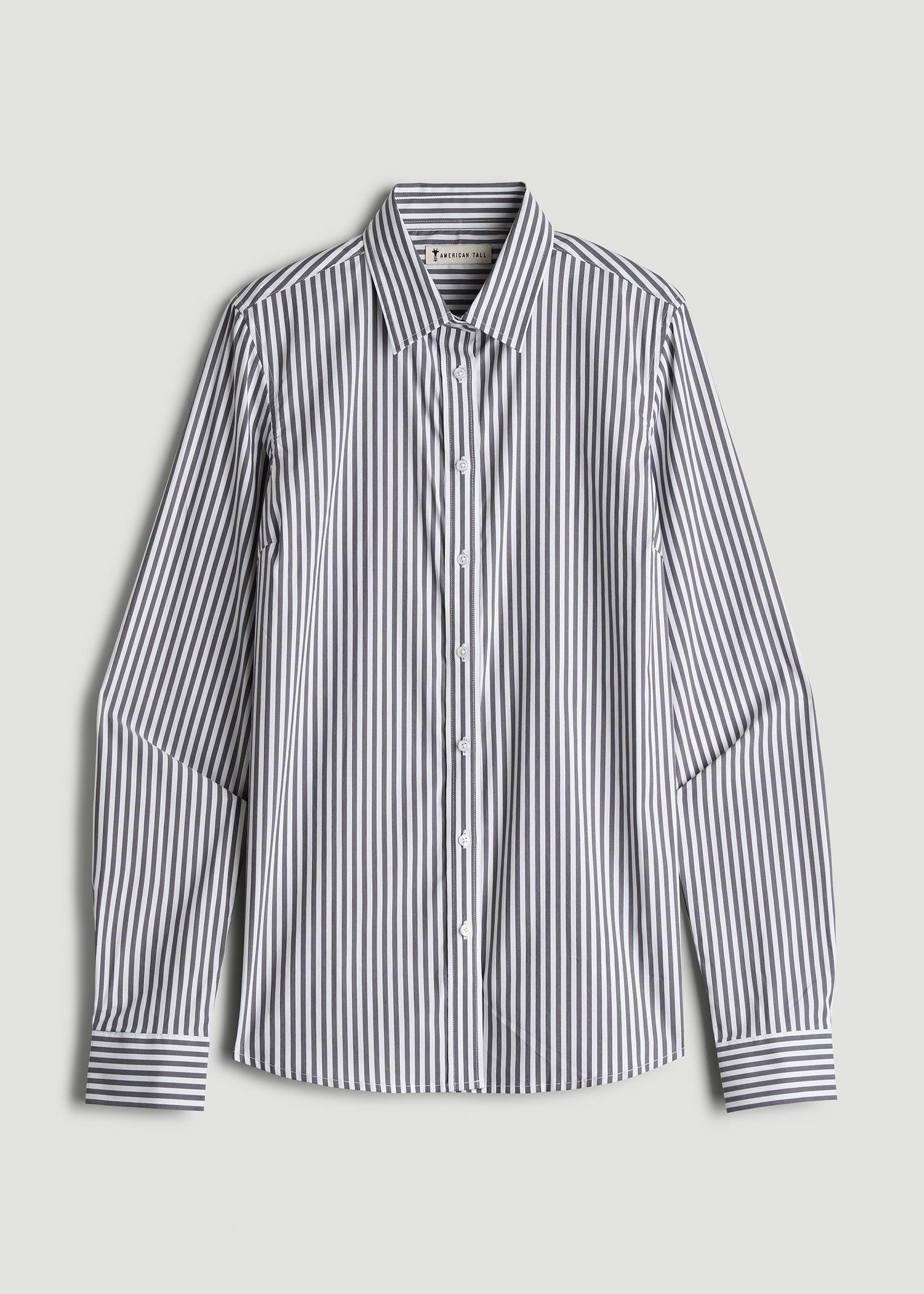 Slim Fit Button Up Women's Tall Shirt in Grey and White Stripe Product Image