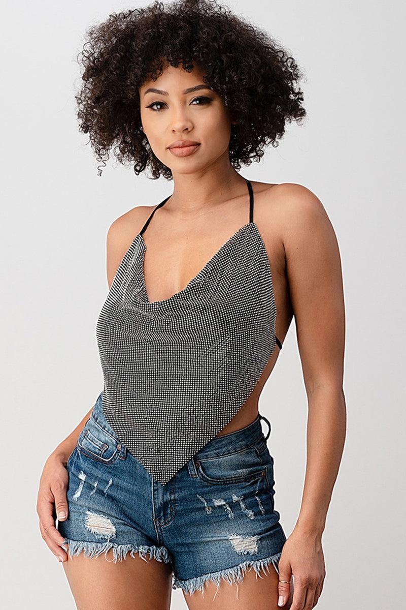 Metallic Backless Cowl Neck Crop Top Product Image