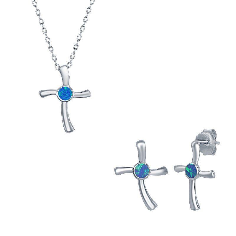 Sterling Silver Lab-Created Opal Cross Pendant Necklace & Earrings Set, Womens Blue Product Image