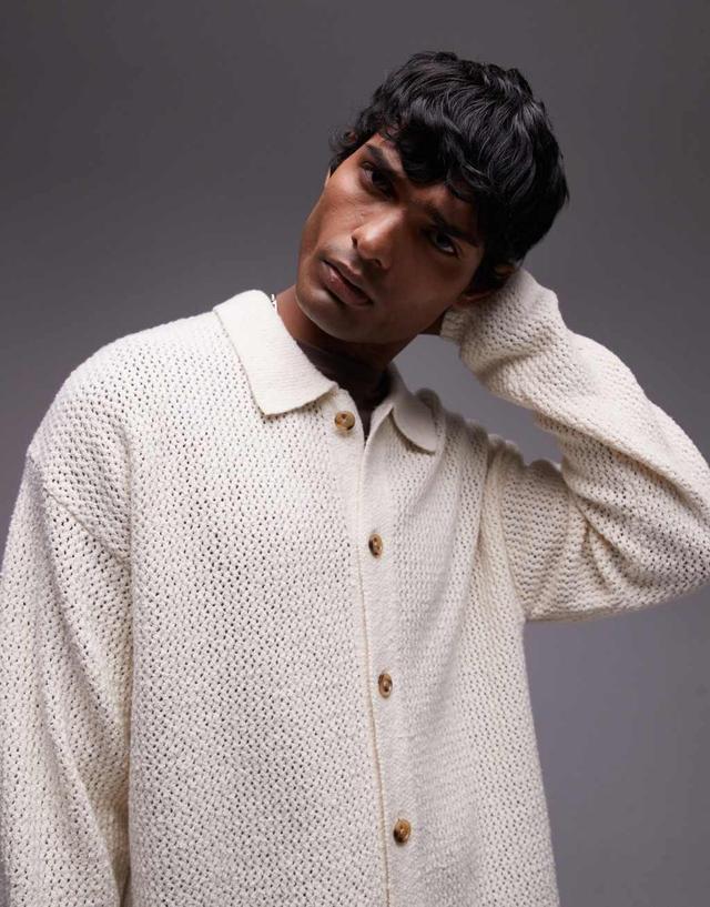 Topman long sleeve knitted crochet shirt in cream Product Image