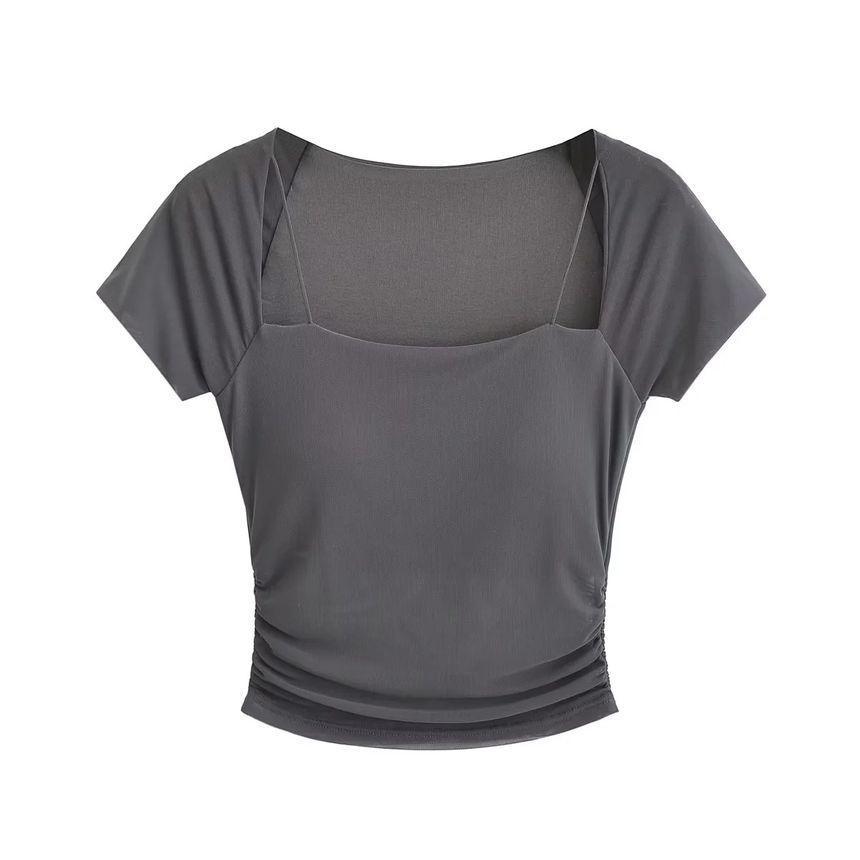 Short-Sleeve Square Neck Plain Ruched Panel Mesh Crop Top Product Image