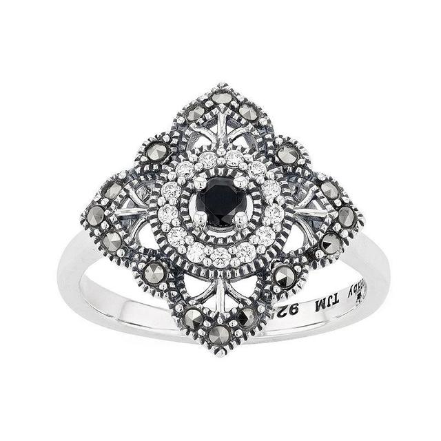 Lavish by TJM Sterling Silver Black Spinel & Marcasite & White Cubic Zirconia Accent Filigree Ring, Womens Product Image