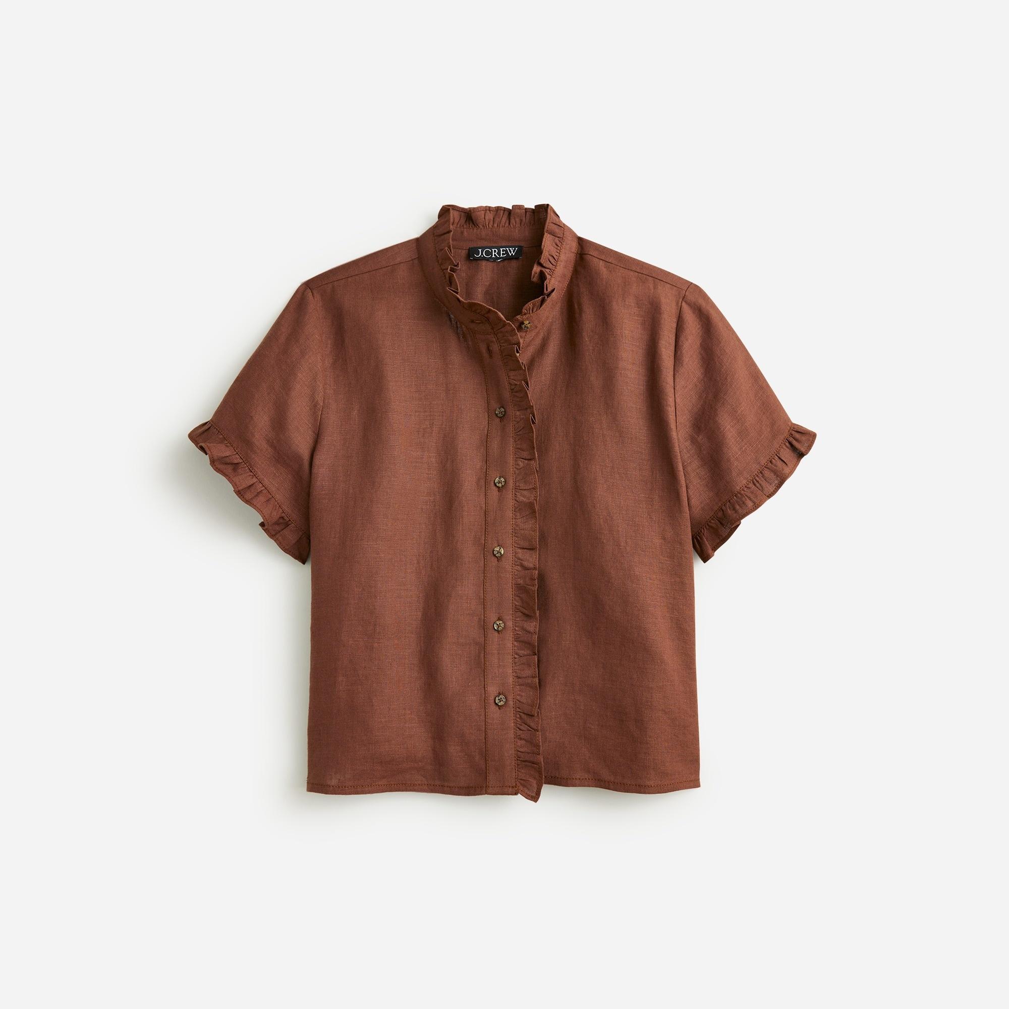 Ruffle-trim button-up shirt in linen Product Image