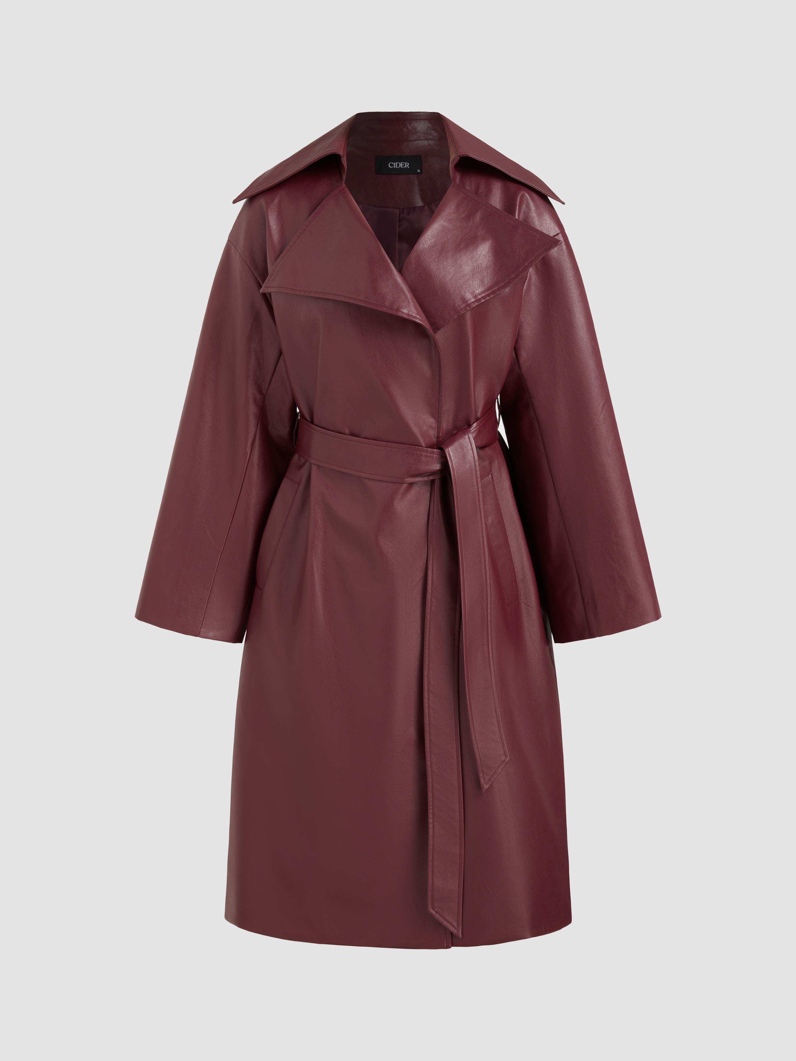 Faux Leather Collar Solid Pocket Trench Coat With Belt Product Image