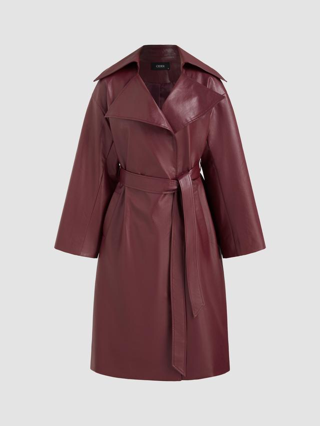 Faux Leather Collar Solid Pocket Trench Coat With Belt Product Image