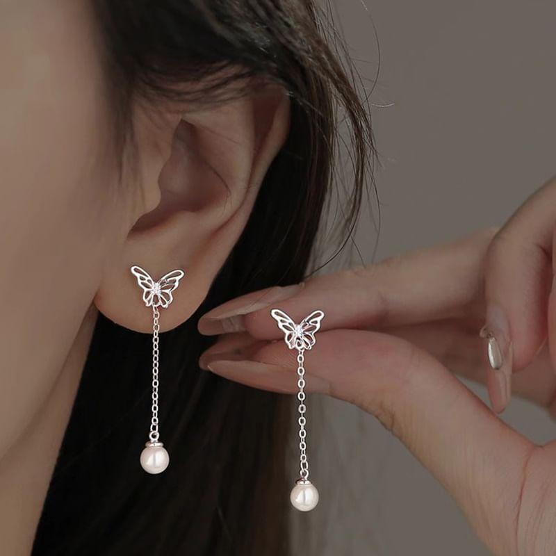 Butterfly Faux Pearl Alloy Drop Earring Product Image