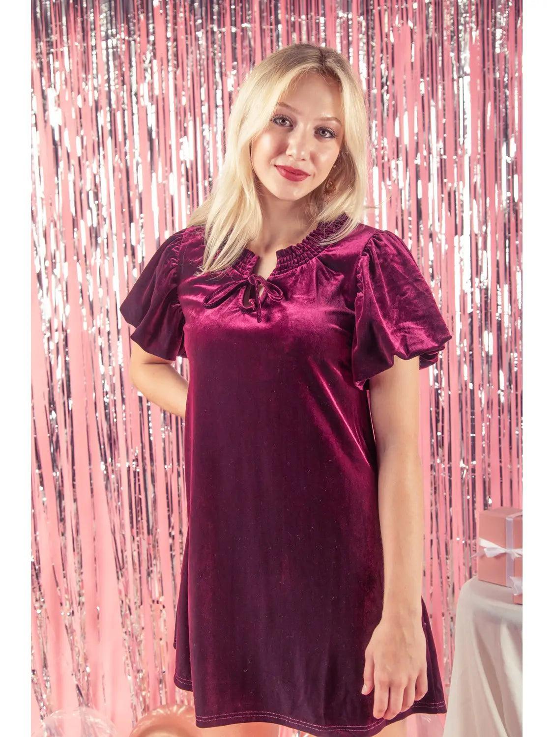 Puff Short Sleeve Velvet Holiday Mini Dress on Female Product Image